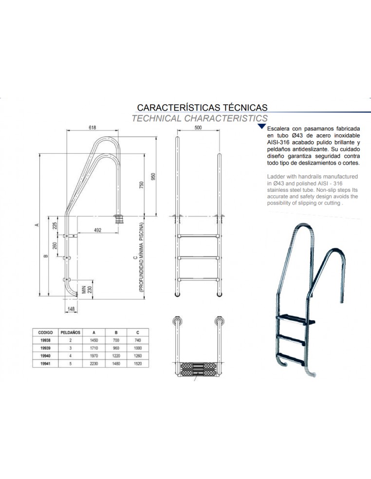 ESCALERA PISCINA ASIMETRICA STANDARD 3 PELDAÑOS ACERO INOXIDABLE AISI 304