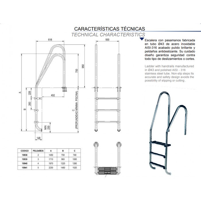 ESCALERA PISCINA ASIMETRICA STANDARD 3 PELDAÑOS ACERO INOXIDABLE AISI 304