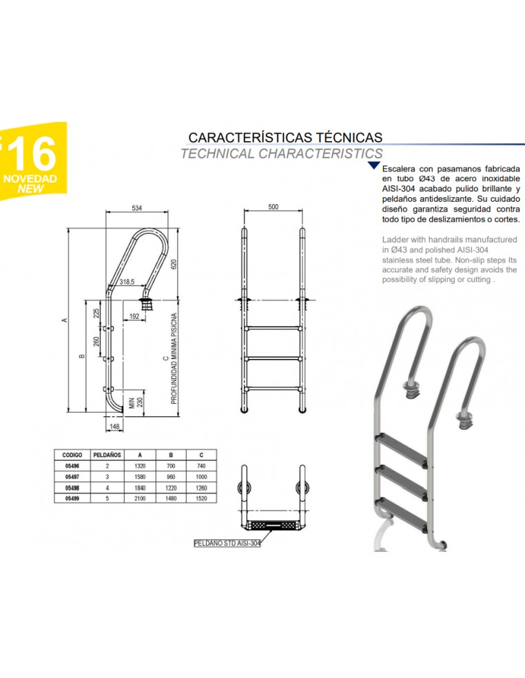 ESCALERA PISCINA MIXTA 2 PELDAÑOS ACERO INOXIDABLE AISI 304