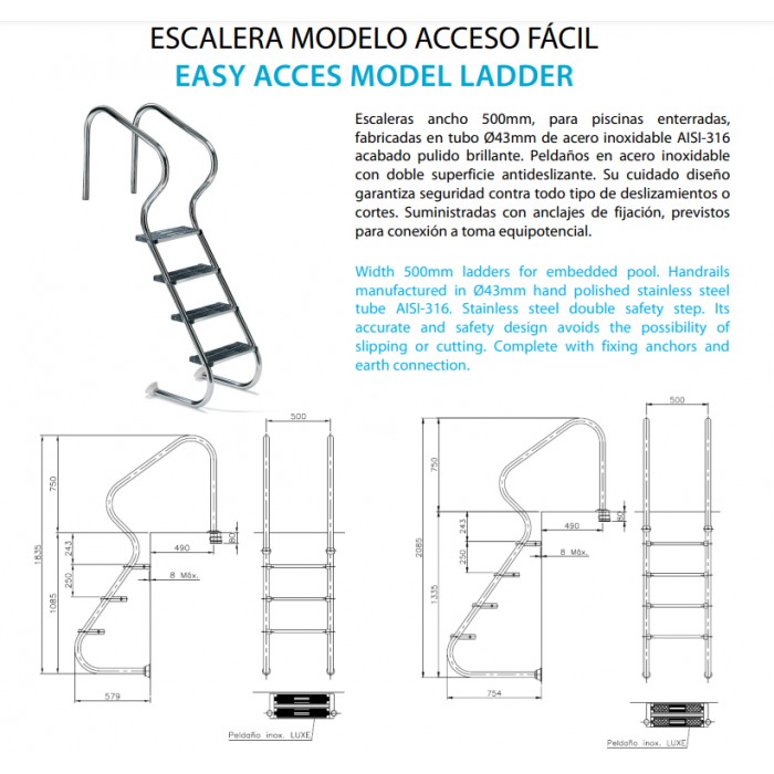 ESCALERA PISCINA ACCESO FACIL 3 PELDAÑOS ACERO INOXIDABLE AISI-316
