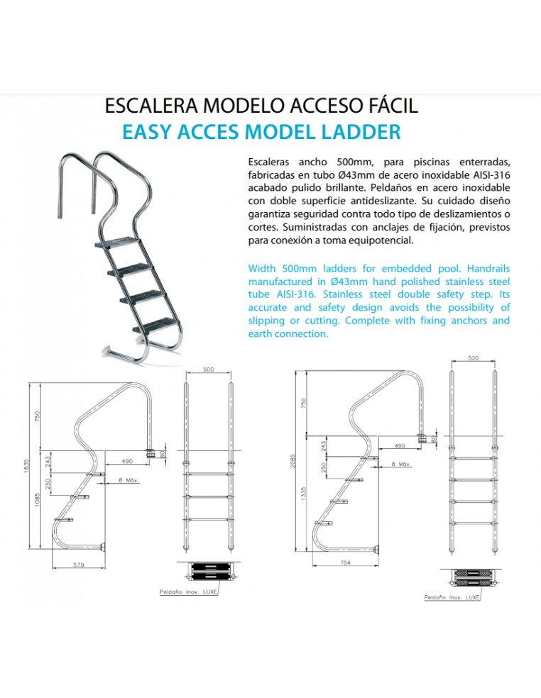 ESCALERA PISCINA ACCESO FACIL 4 PELDAÑOS ACERO INOXIDABLE AISI-316