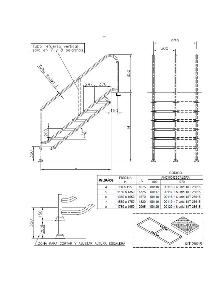 ESCALERA PISCINA ACCESO FACIL 4 PELDAÑOS ACERO INOXIDABLE AISI-316