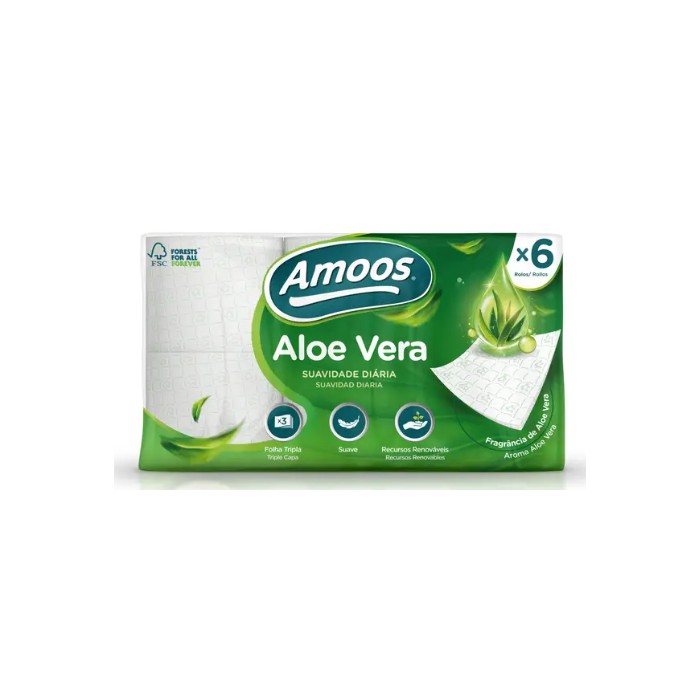 HIGIÉNICO DOMÉSTICO AMOOS 3 CAPAS ALOE VERA 165 servicios (6 rollos)