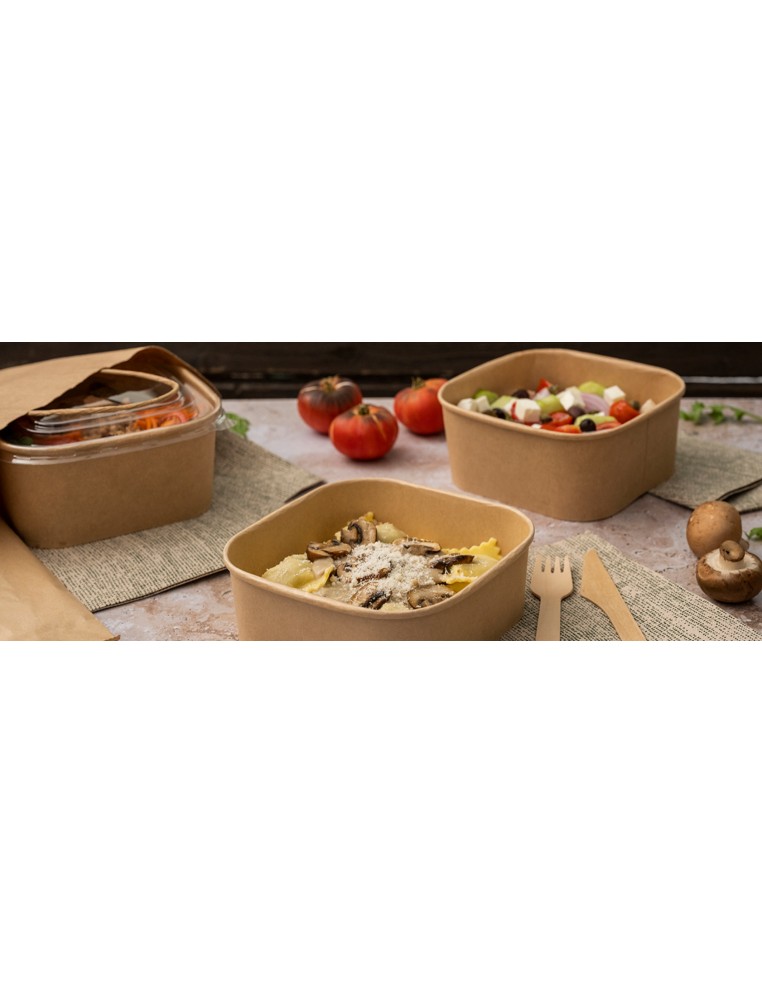 COMBO ENSALADERAS + TAPAS PET 750 ML Ø15/12,8x6 CM NATURAL KRAFT (200 UNID.)