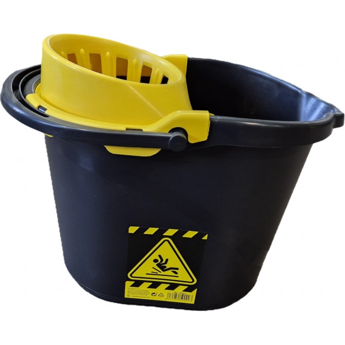 CUBO FREGONA UNO CON ESCURRIDOR NEGRO SEÑAL ADVERTENCIA 15L